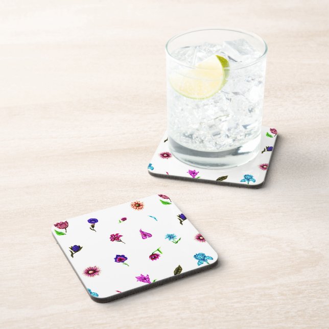 Purple & Blue Flower Print, Modern Floral Print Coaster (Right Side)