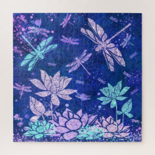 Purple Blue Flowers and Dragonflies Jigsaw Puzzle