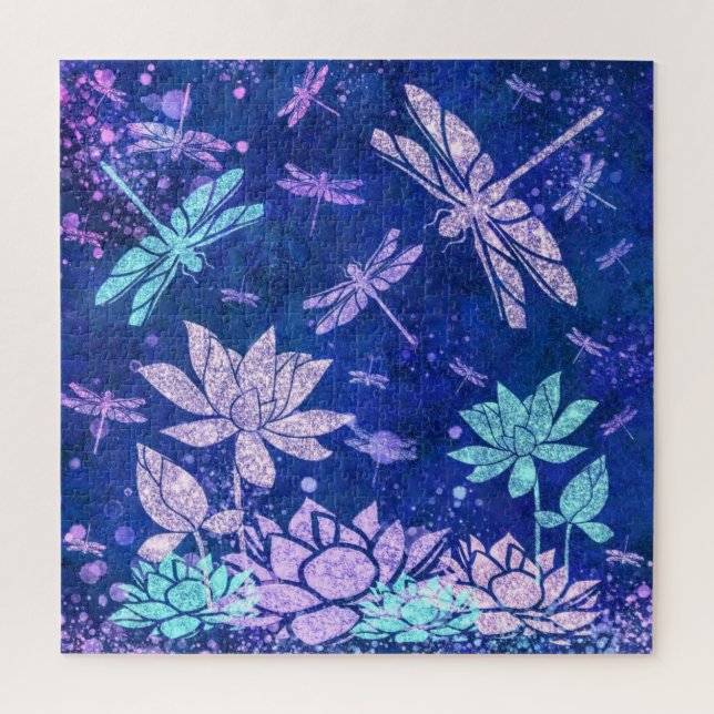 Purple Blue Flowers and Dragonflies Jigsaw Puzzle (Vertical)