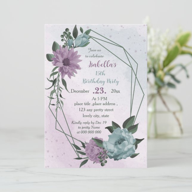 purple blue flowers botanical birthday  invitation (Standing Front)