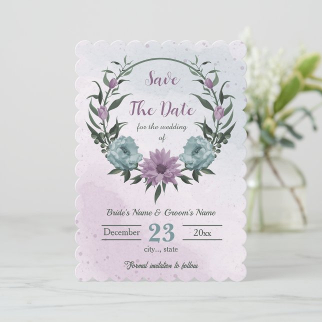 purple blue flowers botanical save the date (Standing Front)