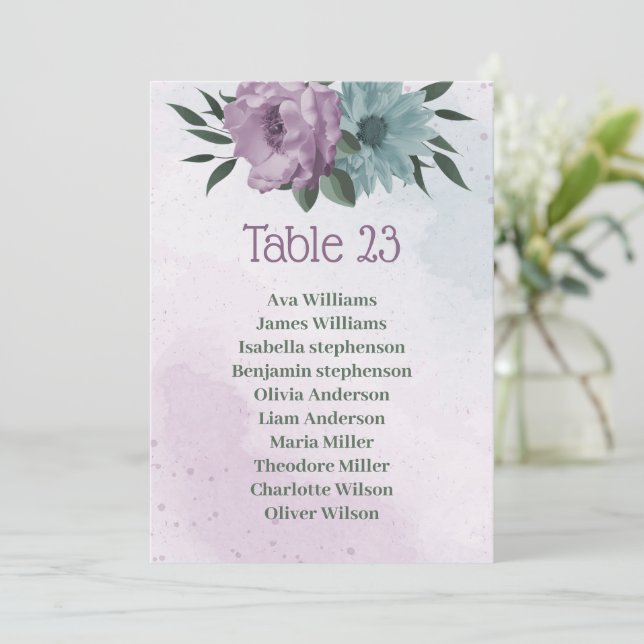 purple blue flowers botanical seating chart card (Standing Front)