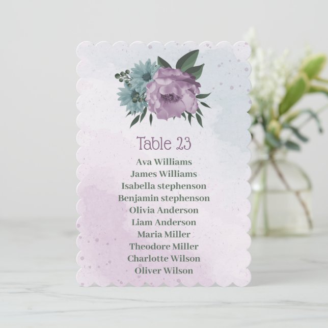 purple blue flowers botanical seating chart card (Standing Front)