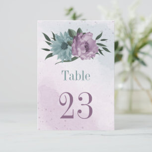purple blue flowers botanical table number card