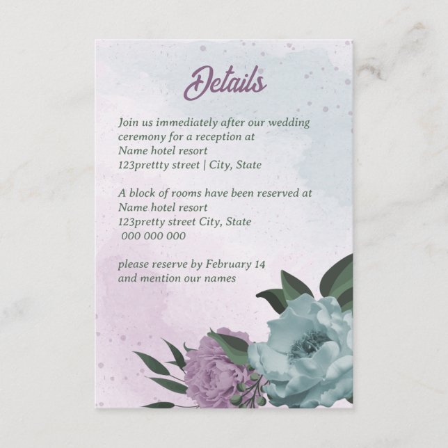 purple blue flowers botanical wedding enclosure card (Front)