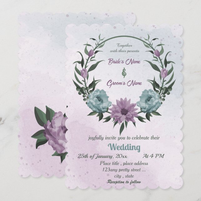purple blue flowers botanical wedding invitation (Front/Back)