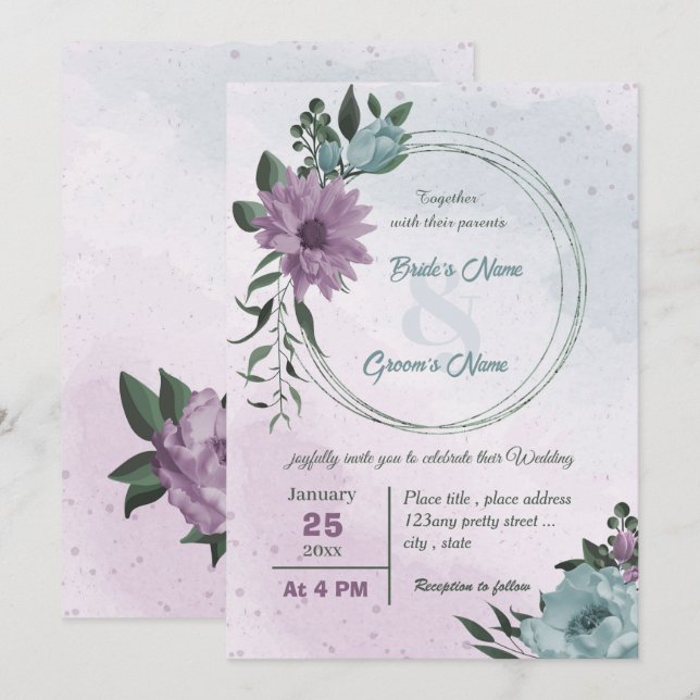 purple blue flowers botanical wedding invitation (Front/Back)