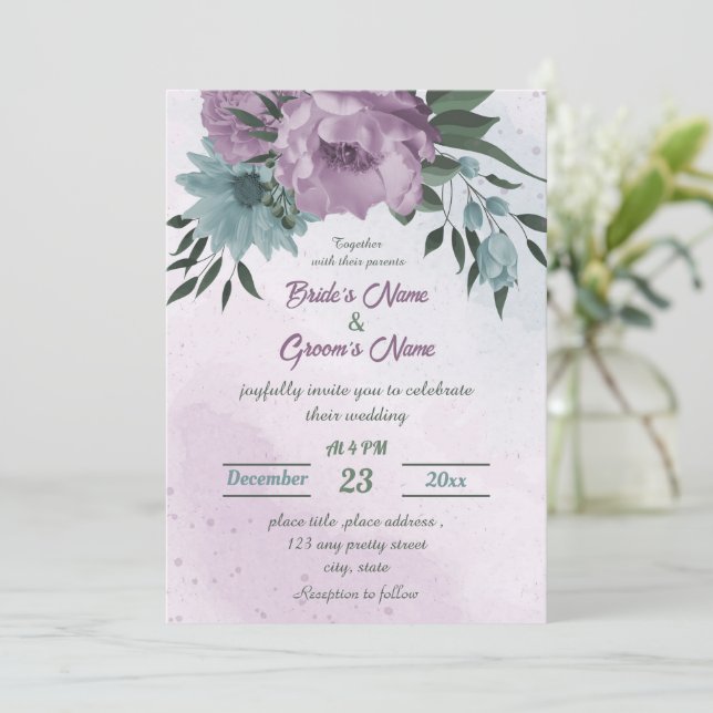 purple blue flowers botanical wedding invitation (Standing Front)