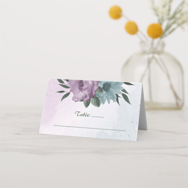 purple blue flowers botanical wedding place card (Front)