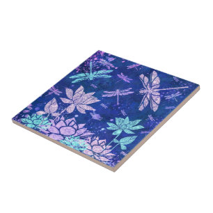 Purple Blue Flowers Dragonflies Ceramic Tile