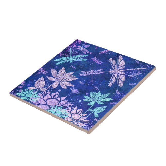Purple Blue Flowers Dragonflies Ceramic Tile (Side)