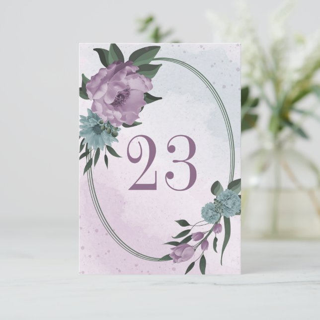 purple blue flowers geometric table number card (Standing Front)