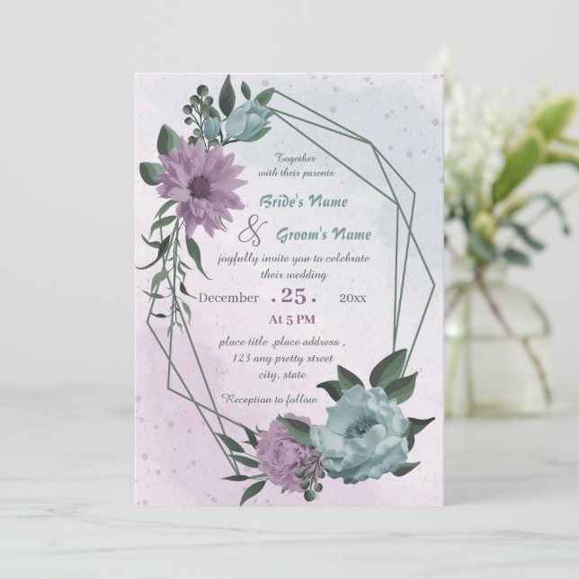purple blue flowers geometric wedding  invitation (Standing Front)
