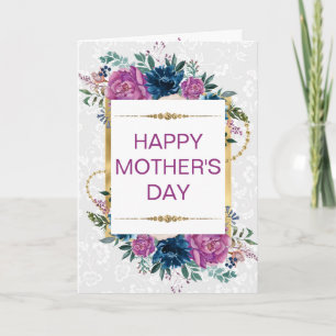 Purple Blue Flowers & Gold Glitter Mother's Day Card