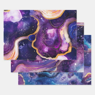 Purple Blue Fluid Geode Art with Gold Marble Wrapping Paper Sheet