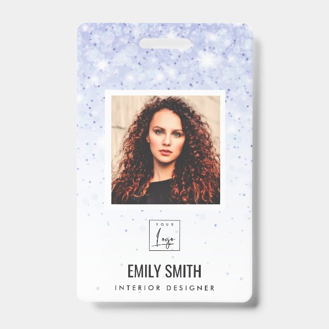 PURPLE BLUE GLITTER EMPLOYEE PHOTO BARCODE NAME ID BADGE (Front)
