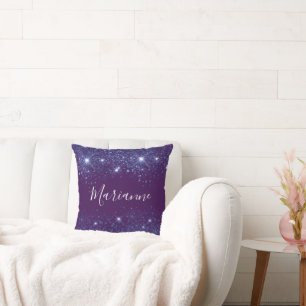 Purple blue glitter monogram name script cushion