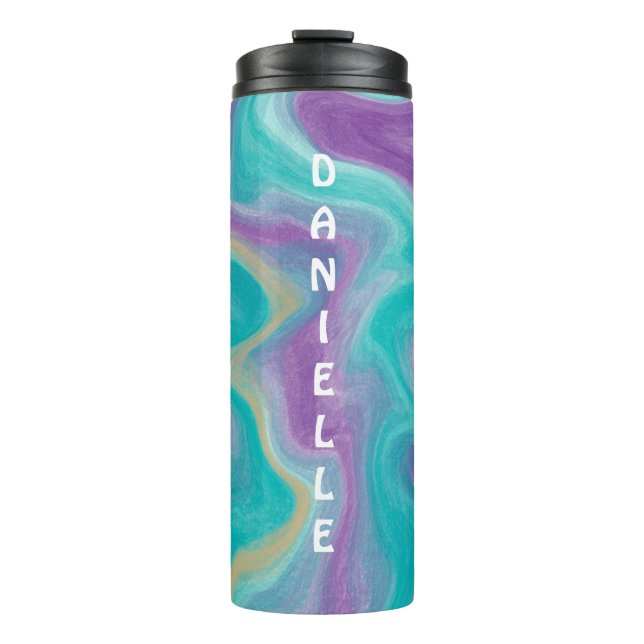 Purple, Blue, Gold and Teal Swirls Fluid Ar  Thermal Tumbler (Front)