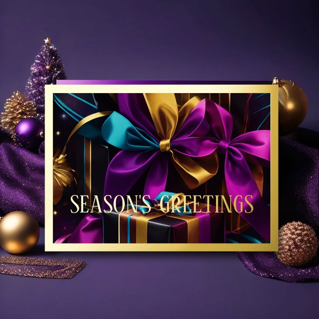 Purple Blue Gold Gifts Season's Greetings Holiday Card (Creator Uploaded)