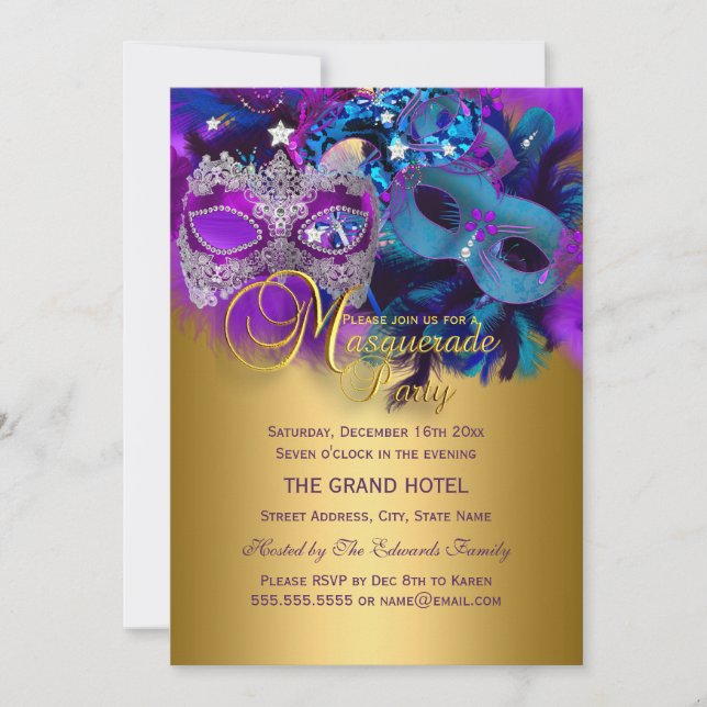 Purple Blue & Gold Masks Masquerade Party Invite (Front)