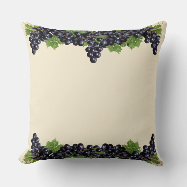 Purple Blue Grapes & Leaves on Champagne Beige Cushion (Front)