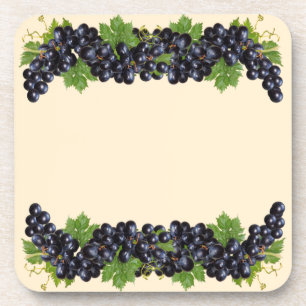 Purple Blue Grapes with Green Leaves on Beige Coaster