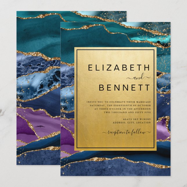 Purple Blue Green Agate Gold Glitter Wedding Invitation (Front/Back)