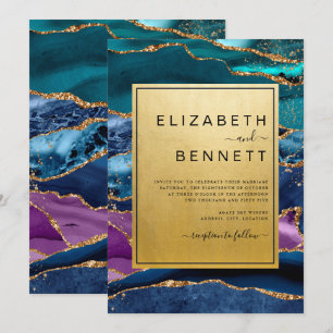 Purple Blue Green Agate Gold Glitter Wedding Invitation