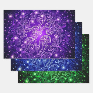 Purple Blue & Green Celestial Swirls Pattern Wrapping Paper Sheet