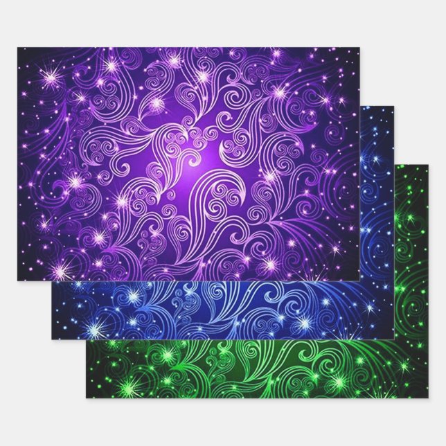 Purple Blue & Green Celestial Swirls Pattern Wrapping Paper Sheet (Set)