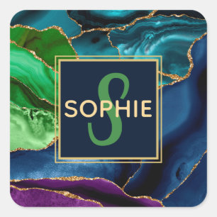 Purple, Blue & Green Faux Gold Glitter Agate Square Sticker
