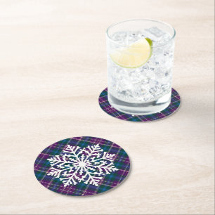 Purple, Blue & Green Plaid Snowflake Round Paper Coaster