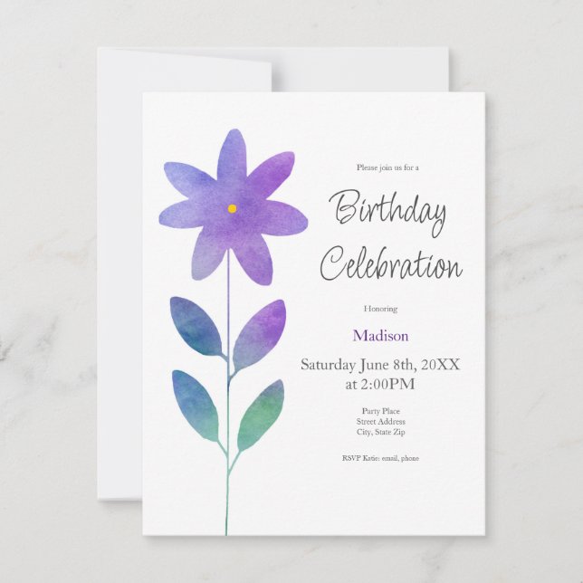 Purple Blue Green Watercolor Flower Invitation (Front)
