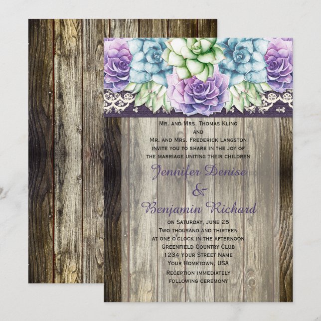 Purple Blue Green Watercolor Succulents Weddings Invitation (Front/Back)
