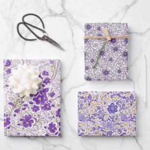 Purple Blue Grey Flora Modern Art Wrapping Paper
