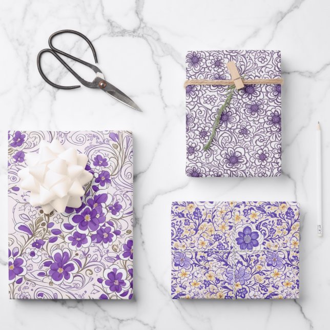 Purple Blue Grey Flora Modern Art Wrapping Paper  (Front)