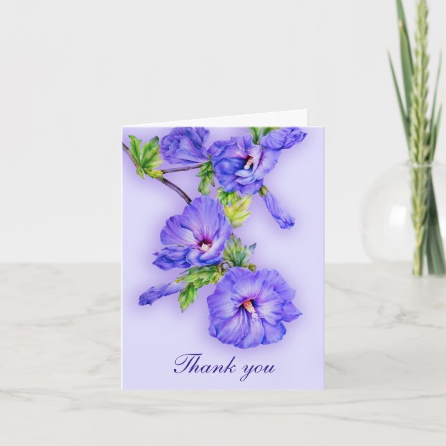 Purple blue hibiscus art wedding thank you card (Front)