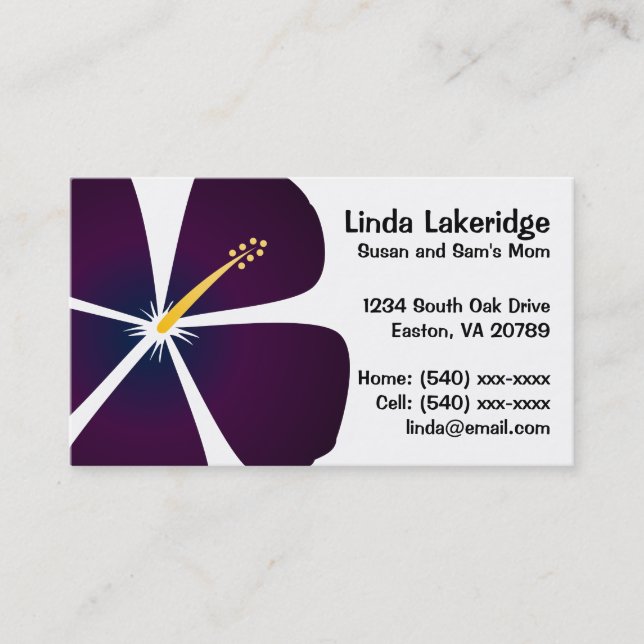 Purple / Blue Hibiscus Flowers Mummy Contact Card (Front)