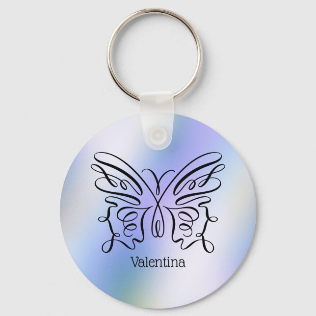 Purple Blue Holographic Butterfly Monogram Name Key Ring (Front)