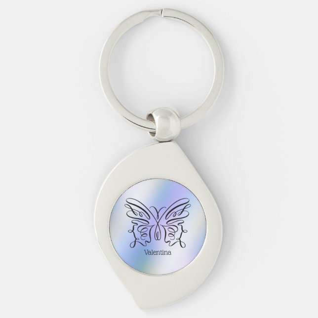 Purple Blue Holographic Butterfly Monogram Name Key Ring (Front)