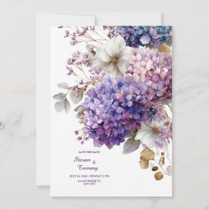 Purple Blue Hydrangea Gold Floral Watercolor Invitation