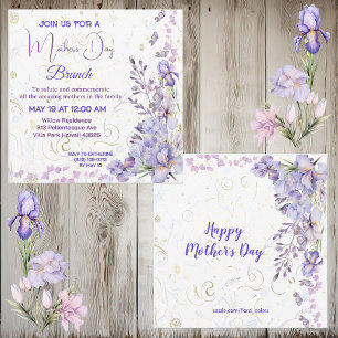 Purple Blue Iris Cute Butterfly Mothers Day Brunch Invitation