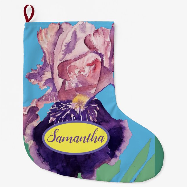 Purple Blue Iris Irises Floral Christmas Stocking (Front)