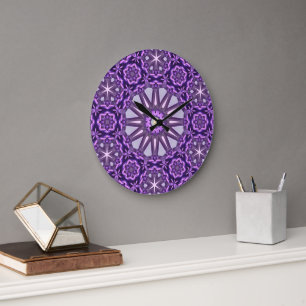 Purple Blue Kaleidoscope Pinwheel Mandala Pattern Large Clock