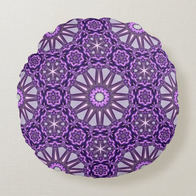 Purple Blue Kaleidoscope Pinwheel Mandala Pattern Round Cushion (Front)