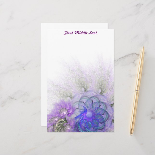 Purple Blue Lacy Abstract Flower Personalised Stationery (Front/Back In Situ)