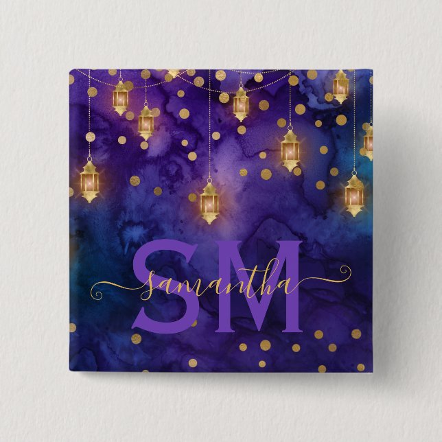 Purple & Blue Lantern Glow Monogram 15 Cm Square Badge (Front)