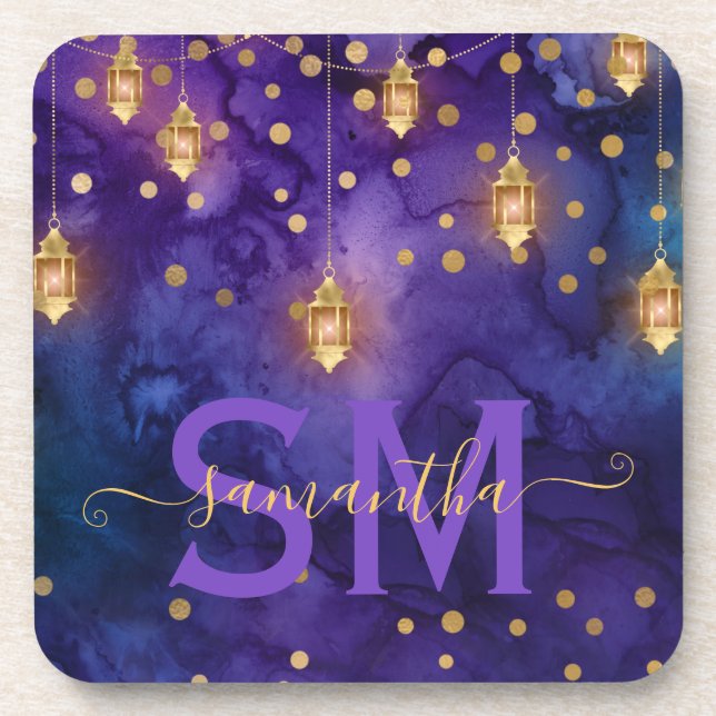 Purple & Blue Lantern Glow Monogram Coaster (Front)
