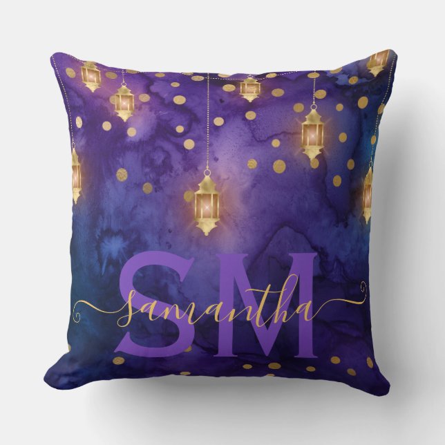 Purple & Blue Lantern Glow Monogram Cushion (Front)