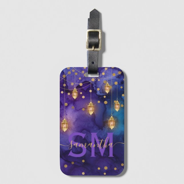 Purple & Blue Lantern Glow Monogram Luggage Tag (Front Vertical)